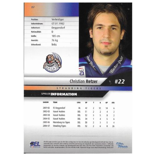 Eishockey Sammelkarte DEL 2007/2008 Nummer 257 Christian Retzer Straubing Tigers Base Card Rückseite mit Spielerinformationen