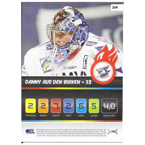 Rückseite der Eishockey-Sammelkarte von Danny aus den Birken, Adler Mannheim, Saison 2008/2009 mit den Trade & Play Spielwerten