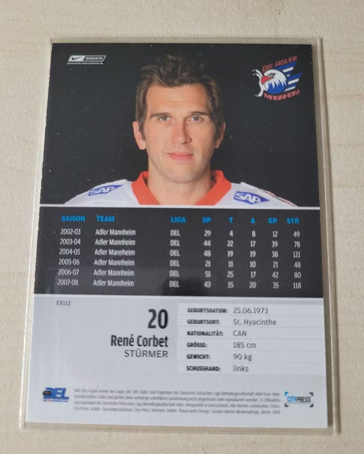 Eishockey Sammelkarte René Corbet Adler Mannheim Saison 2008/2009 City Press Exclusive Edition Nummer EX112 Rückseite