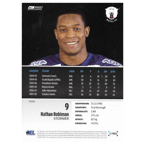 Rückseite der Eishockey-Sammelkarte von Nathan Robinson aus der Saison 2008/2009 mit Spielerstatistiken, Biografie und Logos der Eisbären Berlin und DEL.
