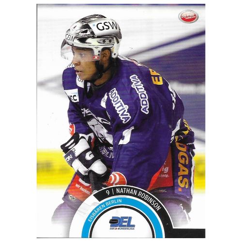 Eishockey-Sammelkarte von Nathan Robinson aus der Saison 2008/2009 im blauen Trikot der Eisbären Berlin mit der Rückennummer 9, aus der City Press Exclusiv Serie.