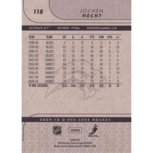 Rückseite der O-Pee-Chee Eishockey-Sammelkarte von Jochen Hecht #118 mit detaillierten NHL-Karrierestatistiken der vergangenen 10 Spielzeiten für die St. Louis Blues, Edmonton Oilers und Buffalo Sabres.