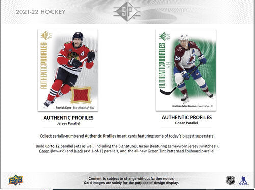  Übersicht der 2021-22 NHL SP Hockey Authentic Profiles Insert-Karten mit Patrick Kane Jersey-Parallel (mit Trikot-Stück) und Nathan MacKinnon Green-Parallel.