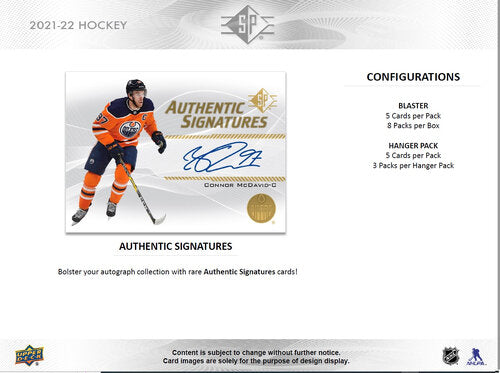 Übersicht der 2021-22 NHL SP Hockey Authentic Signatures Autogrammkarte von Connor McDavid und Auflistung der Hanger Pack Konfiguration.