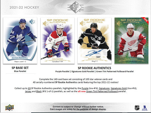 Übersicht der 2021-22 NHL SP Rookie Authentics Sammelkarten mit verschiedenen Parallels wie Blue, Purple, Signatures Gold und Green Tint Patterned Foilboard.