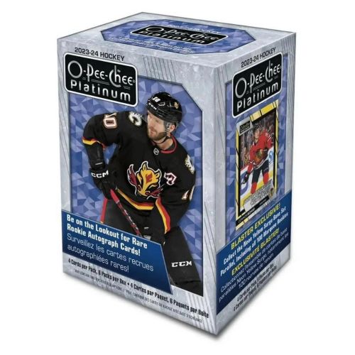 2023-24 Upper Deck O-Pee-Chee Platinum Blaster Box Hockey-Sammelkarten. Die blau-silberne Chrom-Verpackung zeigt NHL-Spieler in Aktion auf dem Eis, das glänzende O-Pee-Chee Platinum Logo sowie Aufschriften zu den 6 enthaltenen Packs und exklusiven Neon Yellow Surge Autogrammkarten.