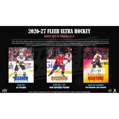 Kartendesigns der 2026-27 Upper Deck Fleer Ultra NHL Hockey Serie mit Beispielen fuer Base Set Ice Parallel und Gold Spectrum Parallel Karten