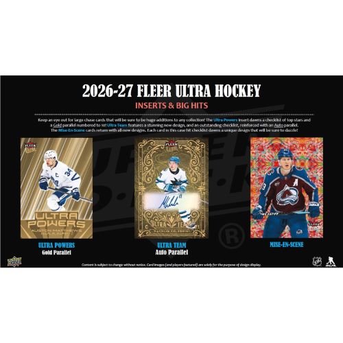 Uebersicht der seltenen Inserts und Big Hits der 2026-27 Upper Deck Fleer Ultra NHL Hockey Serie mit Ultra Powers Gold Parallel und dem seltenen Mise-en-Scene Case-Hit