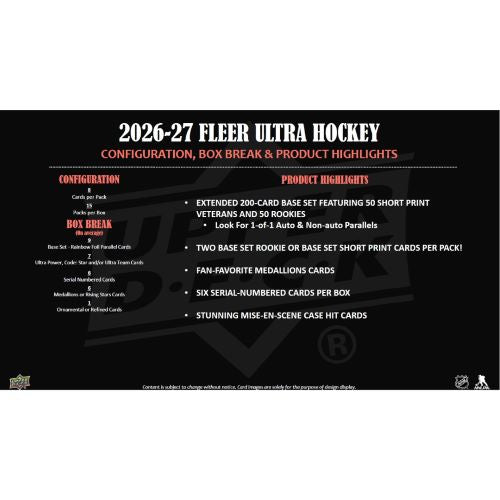 Configuration und Box Break Highlights der 2026-27 Upper Deck Fleer Ultra NHL Hockey Hobby Box mit Infos zu Packs, Medallions und nummerierten Karten