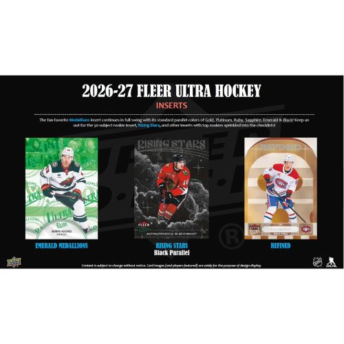 Uebersicht der Inserts aus der 2026-27 Upper Deck Fleer Ultra NHL Hockey Serie mit Beispielen fuer Emerald Medallions und Rising Stars Black Parallel