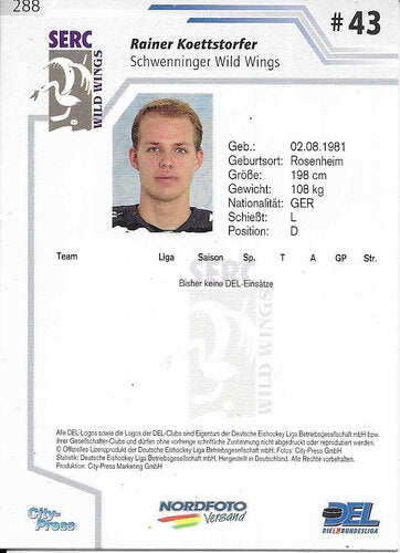 Signierte DEL Playerkarte 2002/03 Rainer Koettstorfer #288 Schwenninger Wild Wings