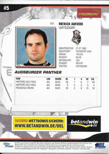 2005/2006 City-Press #001 Patrick Aufiero – Augsburger Panther (Serie 1 Base Card)