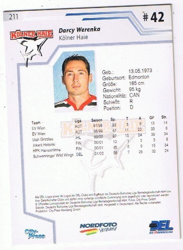 DEL Playerkarte 2002/2003 #211 Darcy Werenka Kölner Haie