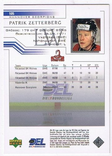 DEL Playerkarte 2001/2002 – Patrick Zetterberg – Hannover Scorpions – Upper Deck #105