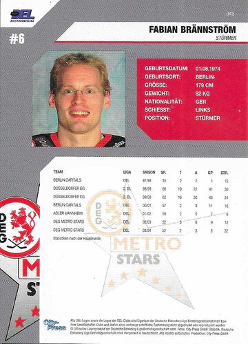 Playerkarte 2004/2005 #043 Fabian Brännström – DEG Metro Stars