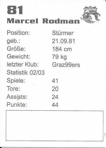 Autogrammkarte Marcel Rodman 2003-04 Krefeld Pinguine
