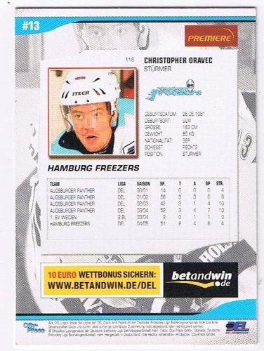 DEL Playerkarte 2005/06 #116 – Christopher Oravec (Hamburg Freezers)