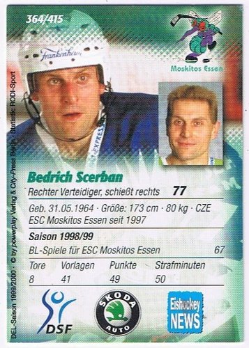 DEL Playercard 1999/00 Bedrich Scerban Moskitos Essen Nr. 364