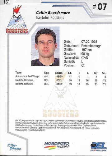 DEL Playerkarte 2002/2003 #151 – Collin Beardsmore – Iserlohn Roosters (City-Press)