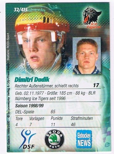 DEL Playerkarte Dimitri Dudik #32 Nürnberg Ice Tigers 1999/2000