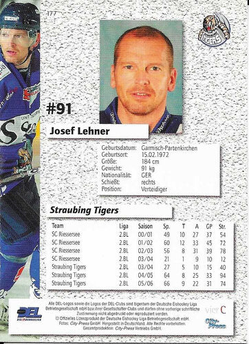 DEL Playerkarte 2006/2007 #177 – Josef Lehner – Straubing Tigers (City Press)