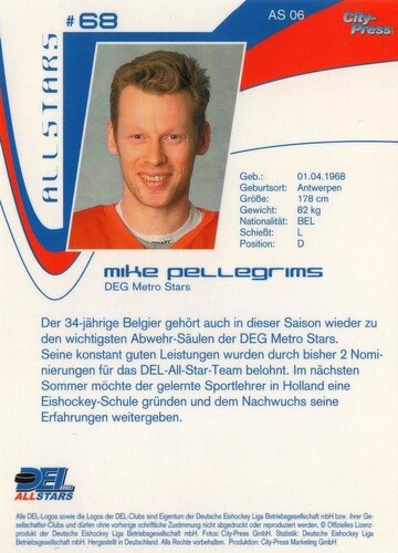 DEL Playerkarte Saison 2002/2003 Mike Pellegrims – DEG Metro Stars – City Press – Allstars