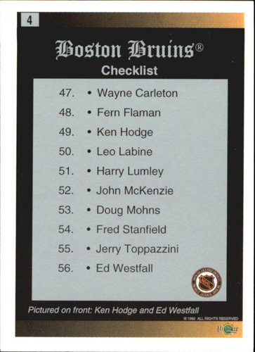 1991-92 ULTIMATE ORIGINAL SIX #4 Checkliste Boston Bruins