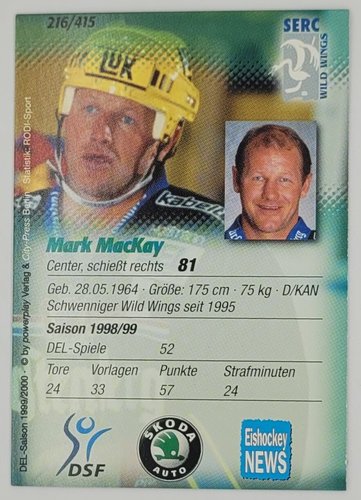 DEL Playerkarte Saison 1999/2000 Marc MacKay – Schwenninger Wild Wings – Powerplay – Nr. 216
