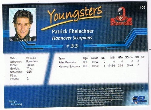 DEL Playerkarte 2002/03 Patrick Ehelechner Hannover Scorpions #108 Youngstars