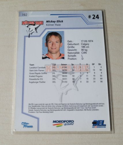 Playerkarte 2002/2003 #192 Mickey Elick Kölner Haie
