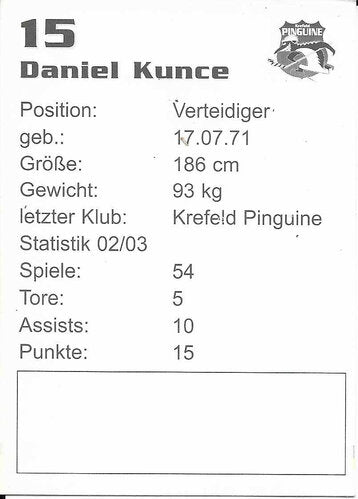 Autogrammkarte Daniel Kunce 2003-04 Krefeld Pinguine