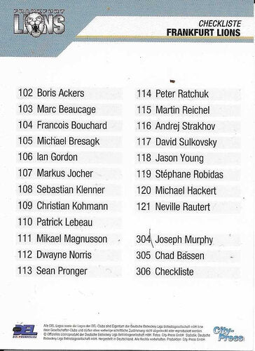 2004/2005 City-Press #306 Frankfurt Lions Checkliste (Base Card)