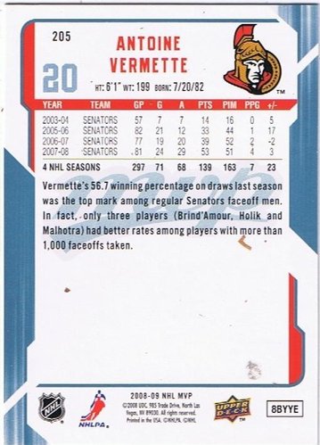 Upper Deck MVP 2008/2009 #205 Antoine Vermette Senators
