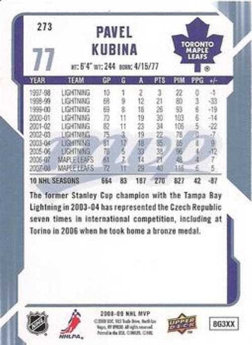 2008-09 Upper Deck MVP #273 Pavel Kubina Toronto Maple Leafs