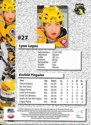 2006/2007 City-Press #322 Lynn Loyns – Krefeld Pinguine (Serie 2 Base Card)