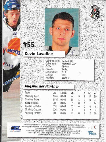2006/2007 City-Press #008 Kevin Lavallee – Augsburger Panther (Serie 1 Base Card)