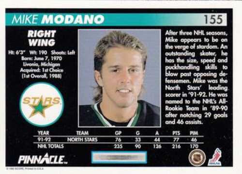 1991/1992 Pinnacle #155 Mike Modano – Minnesota North Stars (Base Card)