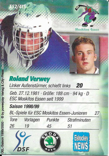 Powerplay 1999/2000 Playerkarte Roland Verwey Moskitos Essen signiert