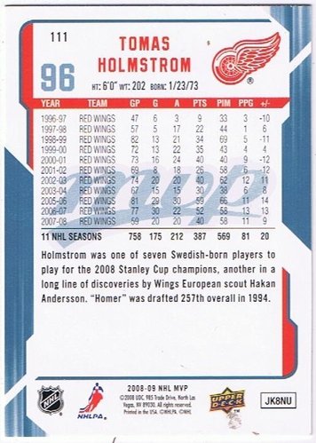 Thomas Holmstrom Playerkarte 2008/2009 – Upper Deck MVP #111 Red Wings
