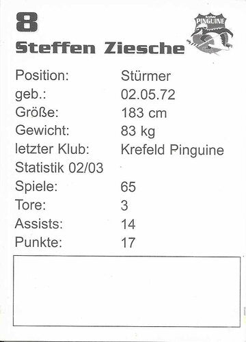 Autogrammkarte Steffen Ziesche 2003-04 Krefeld Pinguine