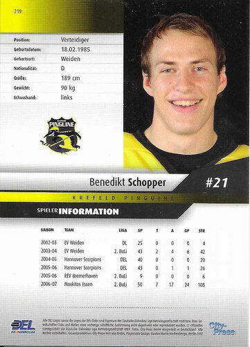 Playerkarte 2007/2008 #219 – Benedikt Schopper – Krefeld Pinguine – DEL