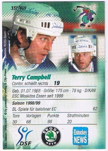 DEL Playerkarte 1999/00 Terry Campbell Moskitos Essen