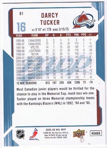 Upper Deck MVP 2008/2009 #81 Darcy Tucker – Colorado Avalanche (Base Card)
