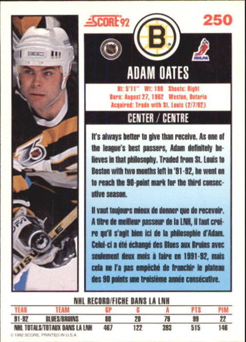 1992-93 Score Canadian #250 Adam Oates Boston Burns