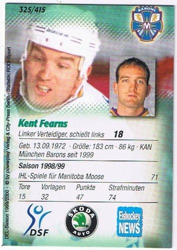 DEL Playerkarte 1999/2000 #325 Kent Fearns – PowerPlay Serie – München Barons