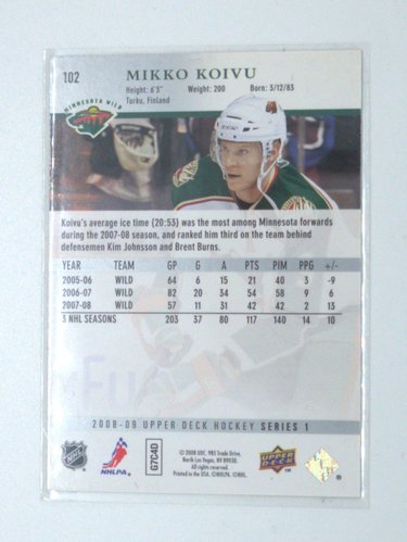 Upper Deck Series 1 2008/2009 #102 Mikko Koivu Minnesota Wild