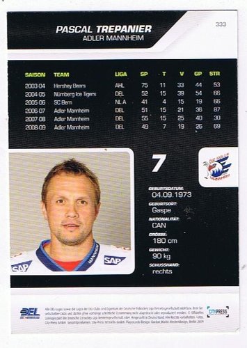 Playerkarte 2009/2010 #333 Pascal Trepanier Adler Mannheim