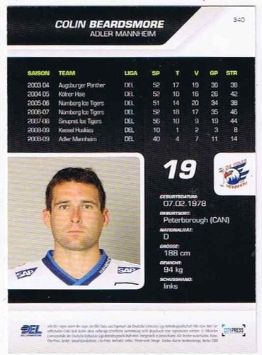 Playerkarte 2009/2010  #340 Colin Beardsmore Adler Mannheim