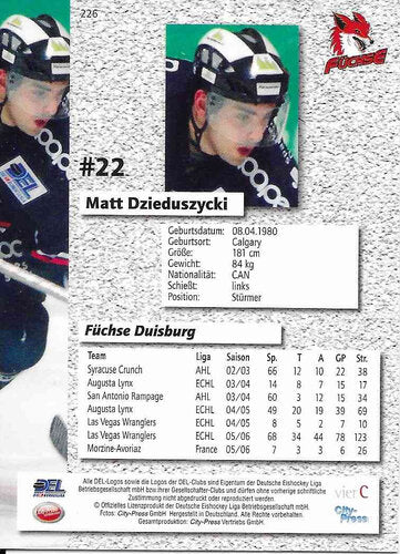 2006/2007 City-Press #226 Matt Dzieduszycki – Füchse Duisburg (Serie 2 Base Card)