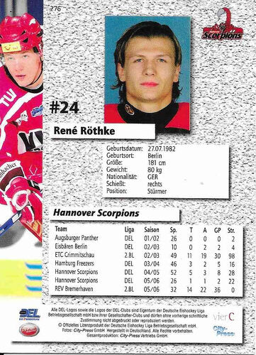 2006/2007 City-Press #276 Rene Röthke – Hannover Scorpions (Serie 2 Base Card)